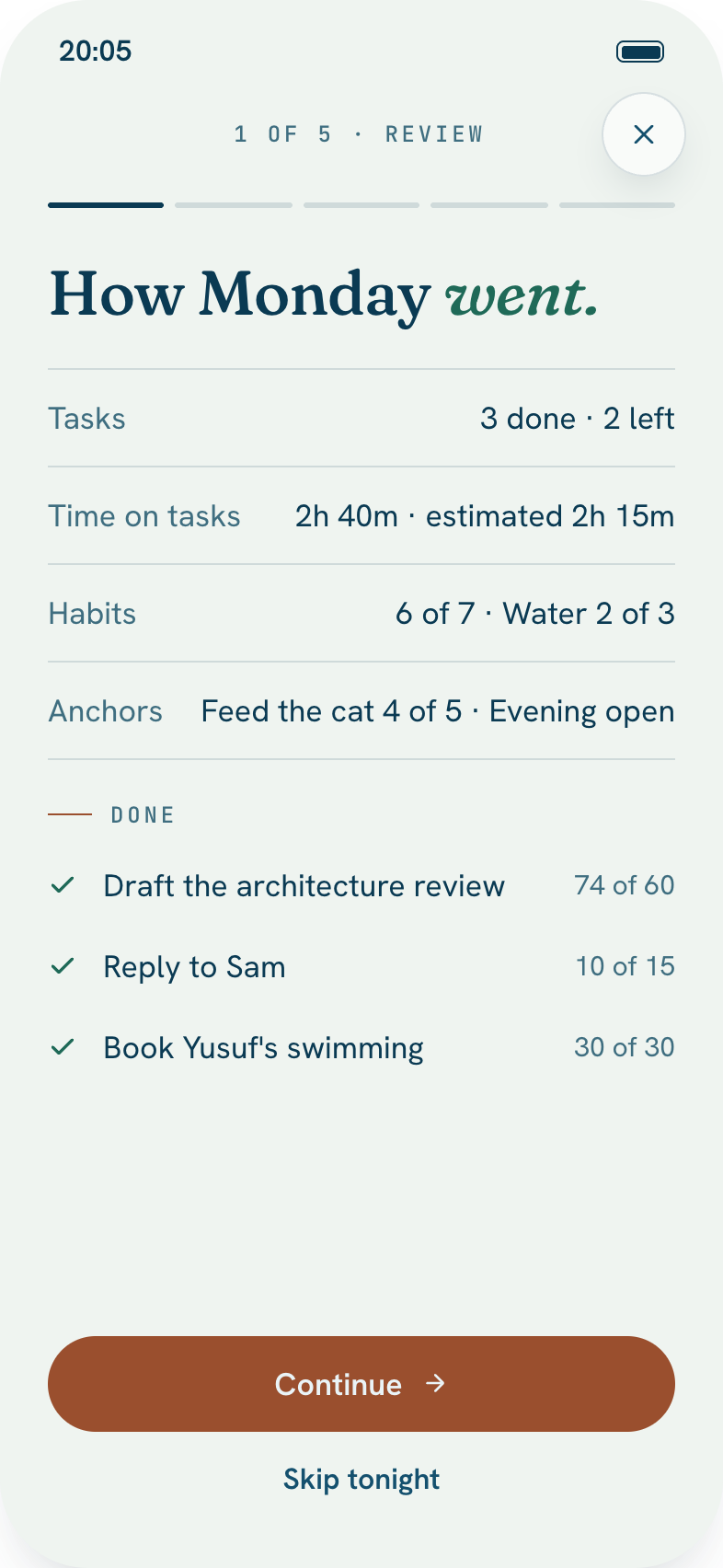 Night Planning, step 1: Review today